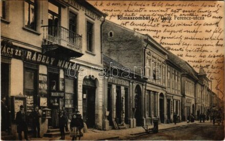 1906 Rimaszombat, Rimavská Sobota; Deák Ferenc utca, Rábely Miklós üzlete, Haas Salamon, Róth Ignác üzlete. Ifj. Rábely Miklós saját kiadása / street view, shops (fl)