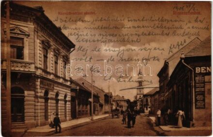 1906 Rimaszombat, Rimavská Sobota; Kossuth utca, Hollósy J. üzlete, Első Gömör Megyei Temetkezési Vállalat. Rábely Miklós kiadása / street view, shops, funeral company (Rb)
