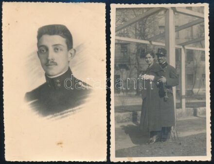 cca 1920-35 Khirer Béla főhadnagy, korábban a 11. (1.) volt honvéd lovas tüzérezred katonája és Khirer Béla a feleségével, 2 db hátoldalán nevesített fotólap, utóbbi Regényi Fotószaküzlet Veszprém pecsétjével jelzett, 8,5x13 cm