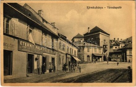1918 Körmöcbánya, Kremnitz, Kremnica; Városkapu tér, Hatschek szabadalma Eternit-Pala ('A jelenkor legjobb tetőfedő anyaga') Eternit Művek Hatschek Lajos cég (Budapest-Nyergesújfalu) elárusító helye Frank Rezső vaskereskedésében,