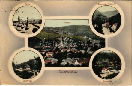 1913 Körmöcbánya, Kremnitz, Kremnica; Fő tér, Zólyomvölgy, Vadászkürt szálloda, nyaralók, látkép. Holzmann Gyula kiadása / main square, valley, hotel, villa, general view (fl)