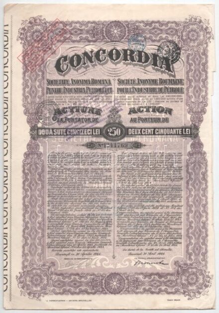 4db klf külföldi részvény egy jelzett másolattal, közte Románia 1922. 'Concordia' részvény 250L-ről bélyegzéssel és szelvényekkel + Szerbia / Temerin 1921. 'Temerini Takarékpénztár R.T.' részvénye 100K-ról, bélyegzésekkel,