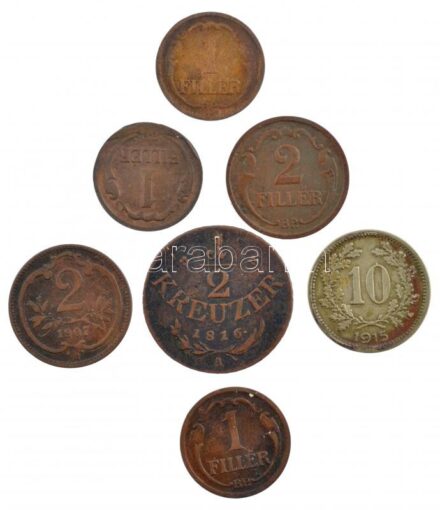 Vegyes: 1927-1933. 1f Br (3xklf) + 1940. 2f Br + Ausztria 1816A 1/2kr Cu + 1907. 2h Br + 1915. 10h alpakka T:2-,3