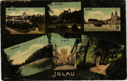 1908 Jihlava, Iglau; Totalansicht, Heulospartie, Hauptplatz, Schwimmschule, Frauentor, Heulos / general view, main square, tram, swimming school, gate (EB)