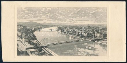 Jelzés nélkül: Budapesti panoráma. Rézkarc, papír, 14,5x8 cm