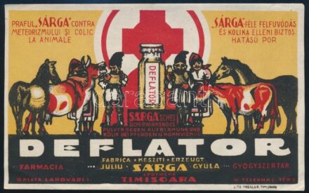 cca 1930 Deflator felfúvódás és kolika elleni biztos hatású por, Sárga Gyula Temesvár, litho számolócédula, 15,5x9,5 cm