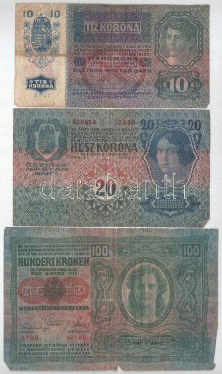 1913. 20K + 1915. 10K + Ausztria 1920. (1912) 100K T:III,III-