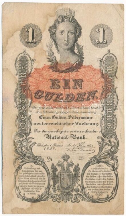1858. 1G 'Qq 15' vízjeles papíron T:III fo., kis szakadások Austrian Empire 1858. 1 Gulden 'Qq 15' on watermarked paper C:F spotted, small tears Adamo G87