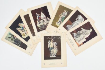 cca 1940 8 db Meisseni porcelán figurákat bemutató, képes gyógyszeripari reklámkiadvány, C.F. Boehringer & Soehne G.m.b.H.-Staatliche Porcellan-Manufaktur Meissen, 24x18 cm