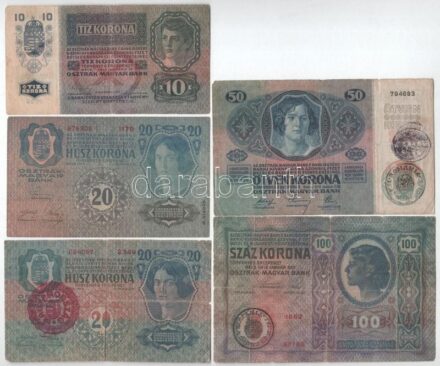 1912. 100K fekete 'ROMANIA TIMBRU SPECIAL' + 1913. 20K piros 'MAGYARORSZÁG' felülbélyegzéssel + 20K II. kiadás, piros 'DEUTSCHÖSTERREICH' felülbélyegzéssel + 1914. 50K fekete 'ROMANIA TIMBRU SPECIAL' felülbélyegzéssel + 1915. 10K