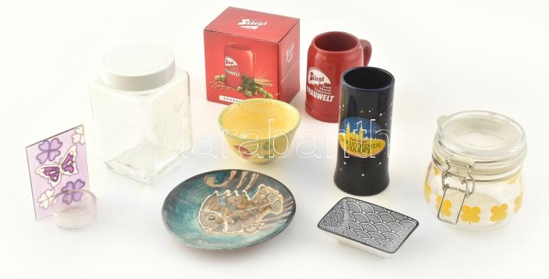 Kerámia és üveg tálak, tárolók, mécsestartó, 8 db, jó állapotban