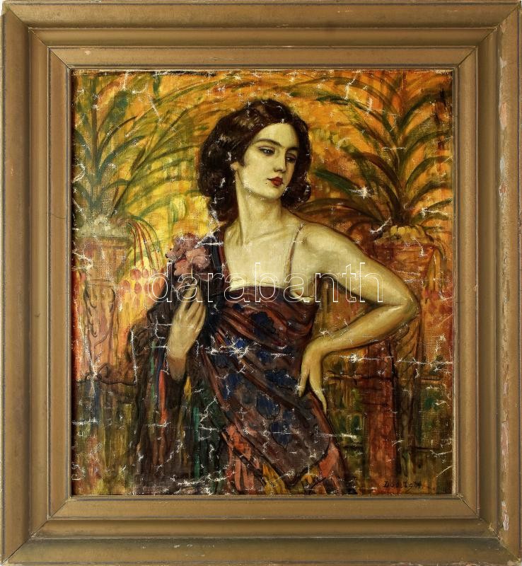 Dudits Andor (1866-1944): Hölgy virággal. Olaj, vászon, kartonon, jelzett. Sérült. Dekoratív, sérült fakeretben. 76x69 cm