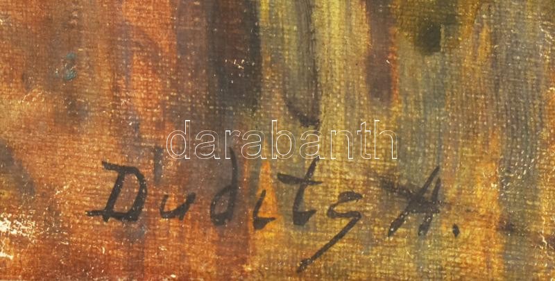 Dudits Andor (1866-1944): Hölgy virággal. Olaj, vászon, kartonon, jelzett. Sérült. Dekoratív, sérült fakeretben. 76x69 cm - Image 2