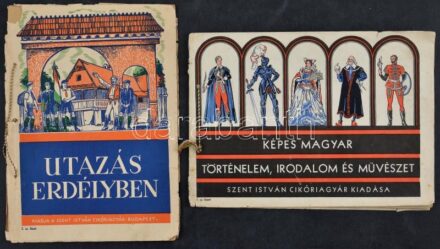 cca 1930-1940 Képes magyar történelem, irodalom és művészet + Utazás Erdélyben, a Szent István Cikóriagyár 2 db gyűjtőalbuma (1. és 2. sz. füzet), beragasztott képekkel (nem teljes), sérült borítóval