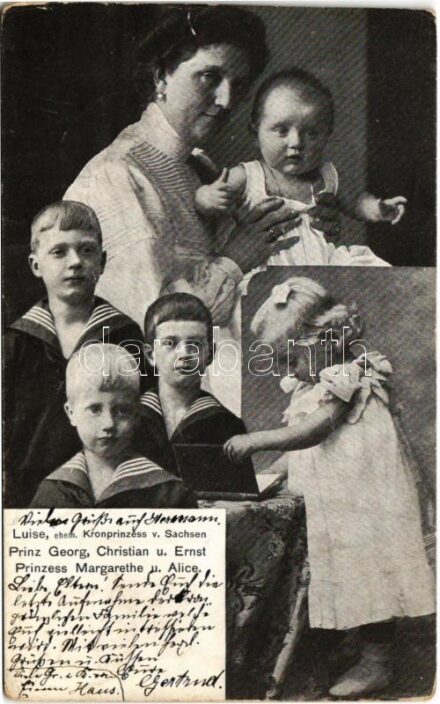 1903 Luise, ehem. Kronprinzessin v. Sachsen. Prinz Georg, Christian u. Ernst, Prinzess Margarethe u. Alice / Habsburg-Toscanai Lujza Antonietta főhercegnő gyermekeivel / Archduchess Louise of Austria with her children (vágott / cut)