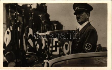 Unser Führer / Adolf Hitler. NSDAP German Nazi Party propaganda, Nazi salute, swastika flags. Horn's Sonderklasse-Fotokarte
