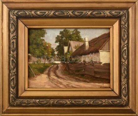 Fényes jelzéssel: Napfényes utca. Olaj, karton. Dekoratív, sérült fakeretben. 25x34,5 cm.
