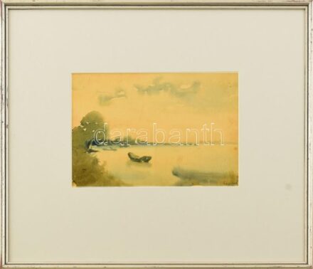 Olvashatatlan jelzéssel. Ladik a vízen, 1940. Akvarell, papír. 14,5x21 cm. Üvegezett fakeretben.