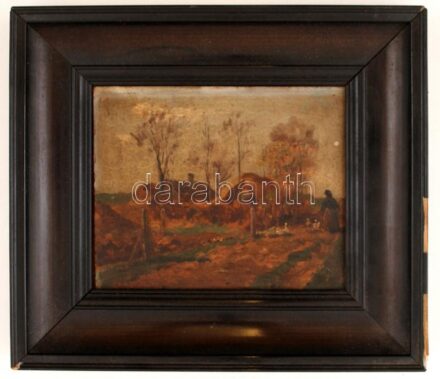 Urhegyi Alajos (1871-?): Alföldi táj. Olaj, karton, jelzett a hátoldalán, fakeretben, 17×23 cm
