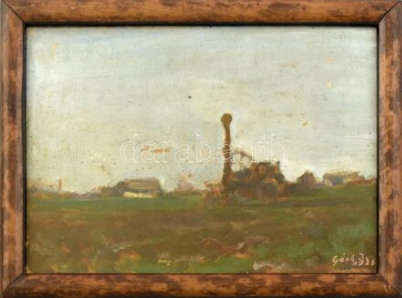 Gách István Lipót (1880-1962): Munka a földeken. Olaj, rétegelt falemez. Üvegezett fakeretben. 19x26 cm