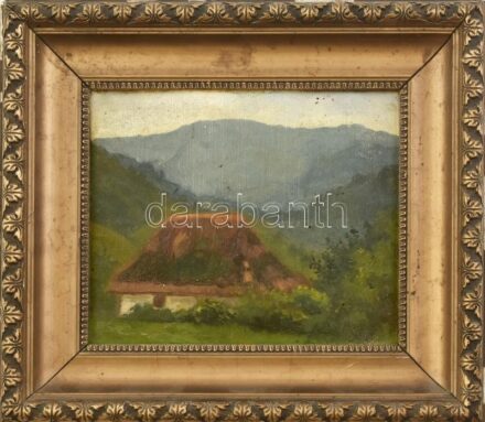 Jelzés nélkül: Hegyvidéki táj parasztházzal. Olaj, vászon. Dekoratív, sérült keretben, 20x16,5 cm