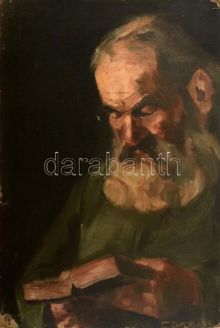 Czikelis (?) jelézéssel, feltehetően XX. sz. első fele: Olvasó férfi. Olaj, vászon, kartonra kasírozva. Kissé sérült. 55x37,5 cm