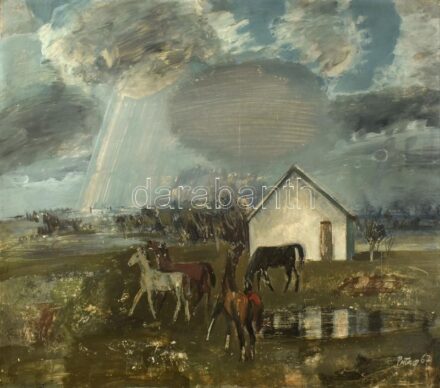 Patay László (1931- 2002): Táj lovakkal, 1967. Olaj, farost, jelzett, hátoldalán KépcsarnokVállalat címkéjével. Sérült. 60×80 cm