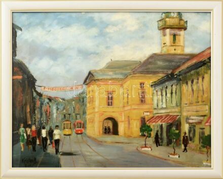 Kriston Béla (?-?): Miskolci fő utca a színházzal. Olaj, farost, jelzett, hátoldalán címkén feliratozott. Üvegezett műanyag keretben, 40×50 cm