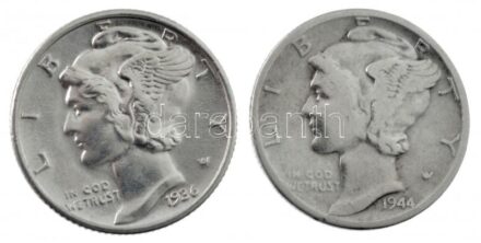 Amerikai Egyesült Államok 1936. 10c Ag 'Mercury' + 1944. 10c Ag 'Mercury' T:1--2- kis ph USA 1936. 10 Cents Ag 'Mercury' + 1944. 10 Cents Ag 'Mercury' C:AU-VF small edge error Krause KM#140