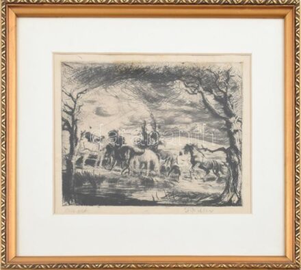 Olvashatatlan jelzéssel: Lovak. Rézkarc, papír, jelzett. Üvegezett fakeretben, 15,5×19,5 cm