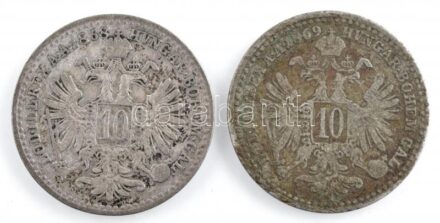 Ausztria 1868. 10kr Ag 'Ferenc József' + 1869. 10kr Ag 'Ferenc József' T:2,2- patina Austria 1868. 10 Kreuzer Ag 'Franz Joseph' + 1869. 10 Kreuzer Ag 'Franz Joseph' C:XF,VF patina Krause KM#2206