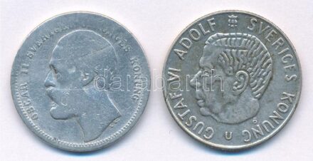 Svédország 1875ST 1K Ag 'II. Oszkár' + 1967U 1K Ag 'VI. Gusztáv Adolf' T:2-,3 patina, kis ph, karc Sweden 1875ST 1 Krona Ag 'Oscar II' + 1967U 1 Krona Ag 'Gustaf VI Adolf' C:VF,F patina, small edge error, scratch Krause KM#741, #826