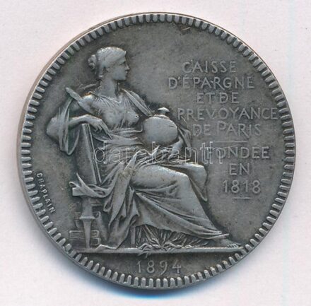 Franciaország 1894. 'CAISSE D'ÉPRAGNE ET DE PREVOYANCE DE PARIS - FONDÉE EN 1818 - 1894 / TRAVAIL - ECONOMIE' kétoldalas, peremen jelzett Ag emlékérem (16,24g/0.925/32mm) T:2 ph., ezüstpróba nyoma France 1894. 'CAISSE D'ÉPRAGNE ET DE
