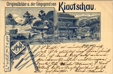 1898 (Vorläufer!) Qingdao, Tsingtau, Kiautschou Bay concession; Originalbilder a. der Umgegend von Kiaotschau. Dschonke, Tschau Tschau La La. Art Nouveau, floral (small tear)