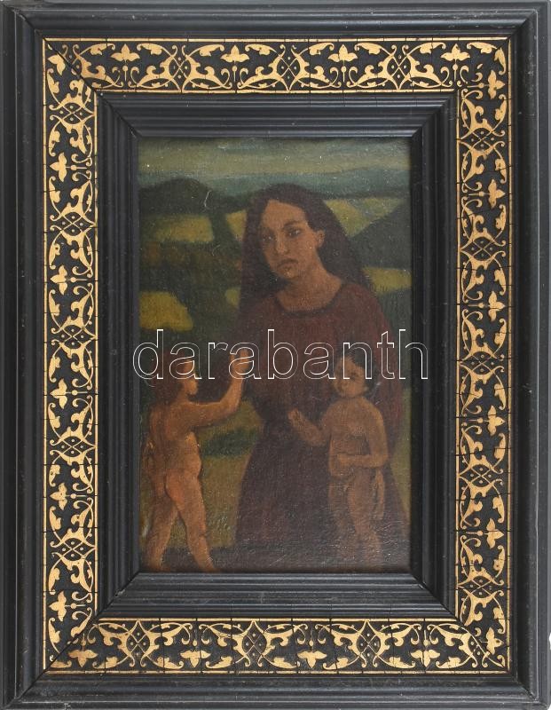 Jelzés nélkül: Mária Jézussal és Keresztelő Szent Jánossal. Olaj, farost. Dekoratív fakeretben. 21,5x14 cm