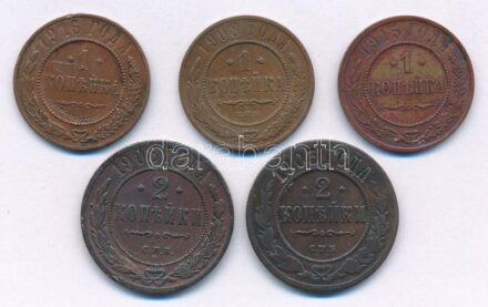 Orosz Birodalom 1908-1916. 1k Cu (3xklf) + 1903-1908. 2k Cu (2xklf) T:2-,3 Russian Empire 1908-1916. 1 Kopeck Cu (3xdiff) + 1903-1908. 2 Kopecks Cu C:VF,F