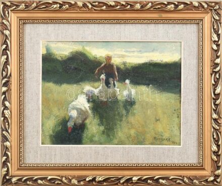 Romek Árpád (1883-1960): Libapásztorlány, 1906. Olaj, fa. Jelzett. Dekoratív fakeretben. 15x20 cm