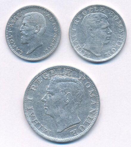 Románia 1914. 1L Ag 'I. Károly' + 1942. 200L Ag 'I. Mihály' + 1944. 500L Ag 'I. Mihály' T:2,2- patina, ph, karc Romania 1914. 1 Leu Ag 'Carol I' + 1942. 200 Lei Ag 'Mihail I' + 1944. 500 Lei Ag 'Mihail I' C:XF,VF patina, edge error,