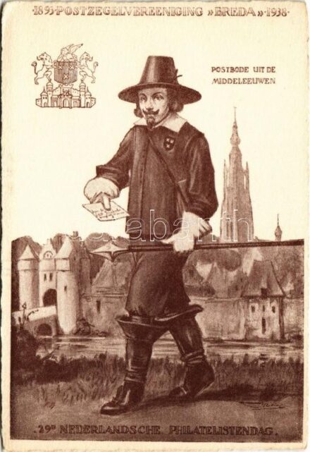 29. Nederlandsche Philatelistendag. 1893-1938 Postzegelvereeniging 'Breda' Nationale Propaganda Postzegeltentoonstelling 'Breda' 27-28 Augustus 1938 / 29. Dutch Philately Day advertisement card + So. Stpl. (EK)