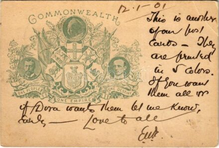 1901 'One People, One Empire, One Destiny' Commonwealth. Queen Victoria. States of Australia (Tasmania, South Australia, Western Australia, New South Wales, Queensland, Victoria) Art Nouveau, floral, coats of arms (EB)