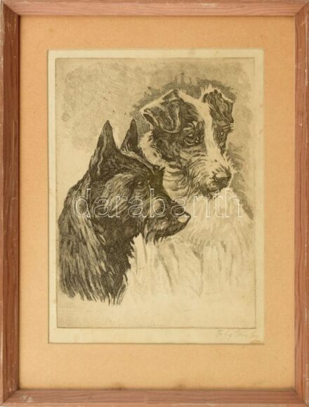 Olvashatatlan jelzéssel: Kutyák. Rézkarc, papír. Kissé foltos. Üvegezett fakeretben. 24x17,5 cm