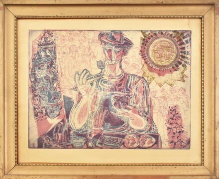 Jelzés nélkül (Józsa János?): Festő. Szitanyomat, papír. Lap széle kissé foltos. Üvegezett, dekoratív, kissé sérült fakeretben. 29x39,5 cm
