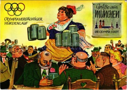 Olympiaverdächtiger Hürdenlauf. Grüße aus München die Olympia Stadt / 'Olympic hurdle race' Munich brewery, beer, humour s: Brands (EK)