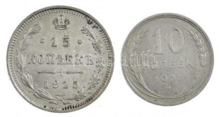 Orosz Birodalom 1916. 15k Ag + Szovjetunió 1927. 10k Ag T:2-3 Russian Empire 1916. 15 Kopecks Ag + Soviet Union 1927. 10 Kopecks Ag C:XF-F