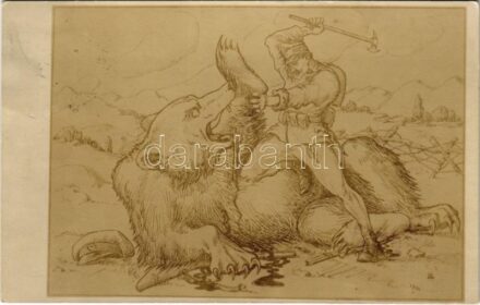 1916 Osztrák-magyar katonai művészlap / WWI Austro-Hungarian K.u.K. military art postcard, soldier fights the bear (Russia) photo