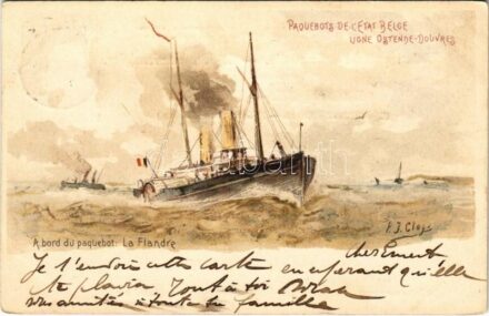 1900 Paquebots de l'Etat Belge Ligne Ostende-Douvres. A bord du paquebot: La Flandre / Belgian State steamers on the Ostend-Dover line. On board of the 'La Flandre' steamship. litho (EK)