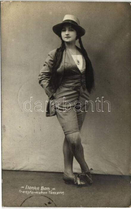 1913 Ilonka Bán. Transformation Tänzerin / Circus acrobat, transformation dancer. Letter and signature on the backside. Léo Forbert (Warsaw) photo (fl)