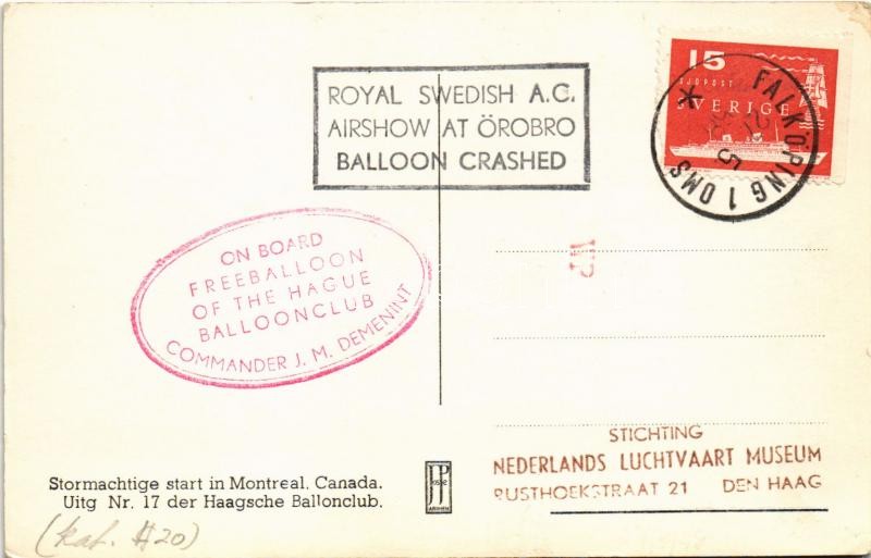 1958 Stormachtige start in Montreal, Canada. Haagsche Ballonclub / Stormy start in Montreal. The Hague Balloon Club + 'On board Freeballoon of The Hague Balloonclub Commander J.M. Demenint' 'Royal Swedish A.C. Airshow at Örobro Balloon Crashed' - Image 2