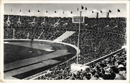 Olympische Spiele Berlin 1936. Reichssportfeld. Deutsche Kampfbahn, Olympia-Stadion / 1936 Summer Olympics, Olympic Stadium, swastika flags + 'Berlin Olympia-Stadion XI. Olympiade 1936' So. Stpl. (fa)