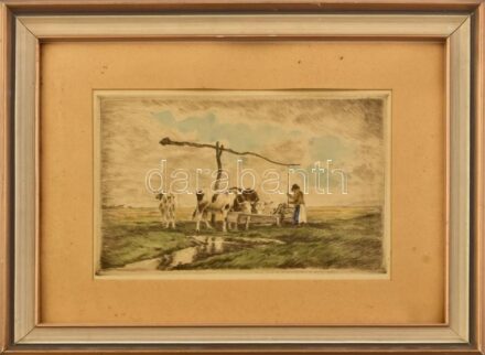 Jelzés nélkül: Itatás. Színezett rézkarc, papír. Üvegezett fakeretben. 18,5x28 cm